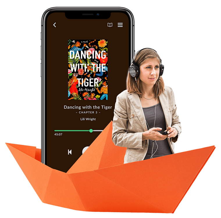 A woman navigating with the audio captain app 
                        in a large orange paper boat